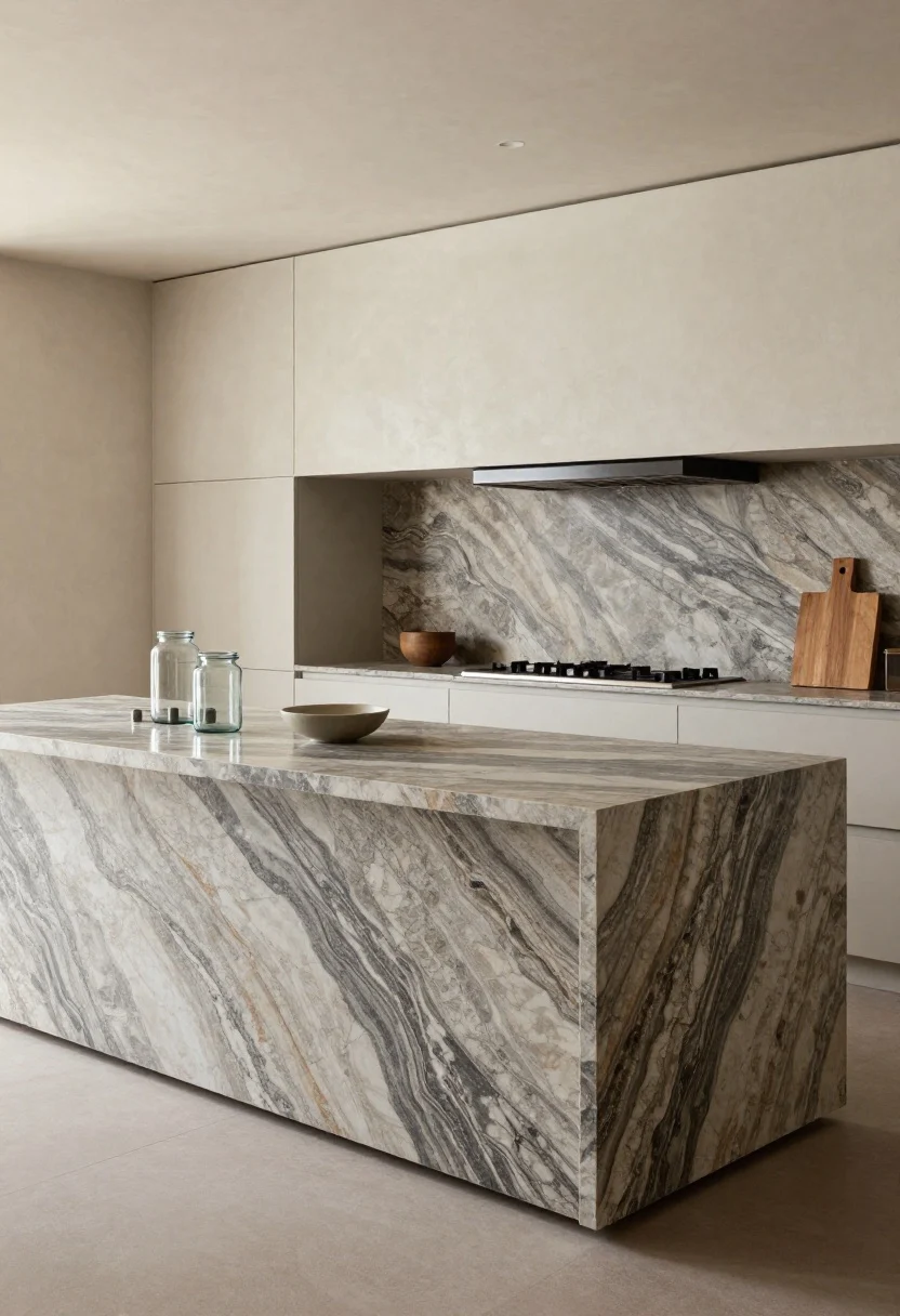 Photorealistic wide shot capturing the “one wow moment” in stone and texture: a waterfall island clad in bold-veined quartz or marble-look slab running down both sides, with understated flat-front cabinets to balance; a matching slab backsplash rising to the ceiling behind the range for editorial impact; subtle textured finishes nearby—limewash or microcement walls—for depth without noise; a sculptural statement hood in plaster for presence; restrained styling: matte glass jars, chunky modern pulls, a simple wood board and ceramic bowl vignette; warm, even lighting with slight highlights on the stone veining; corner angle to showcase island waterfall and full-height slab backdrop