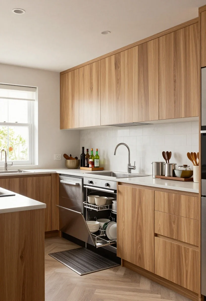 Photorealistic wide shot from a corner angle of an open kitchen zoned for function: clearly defined prep, cook, clean, and serve areas; dishwasher placed directly next to the sink with a pull-out trash nearby; everyday dishes stored in the nearest cabinet to the dishwasher; a tray or lazy Susan corralling oils and spices near the cook zone; a washable runner defining the kitchen footprint; repeating metal finishes and coordinated wood tones tie into the adjacent living space; balanced natural and ambient lighting, no people