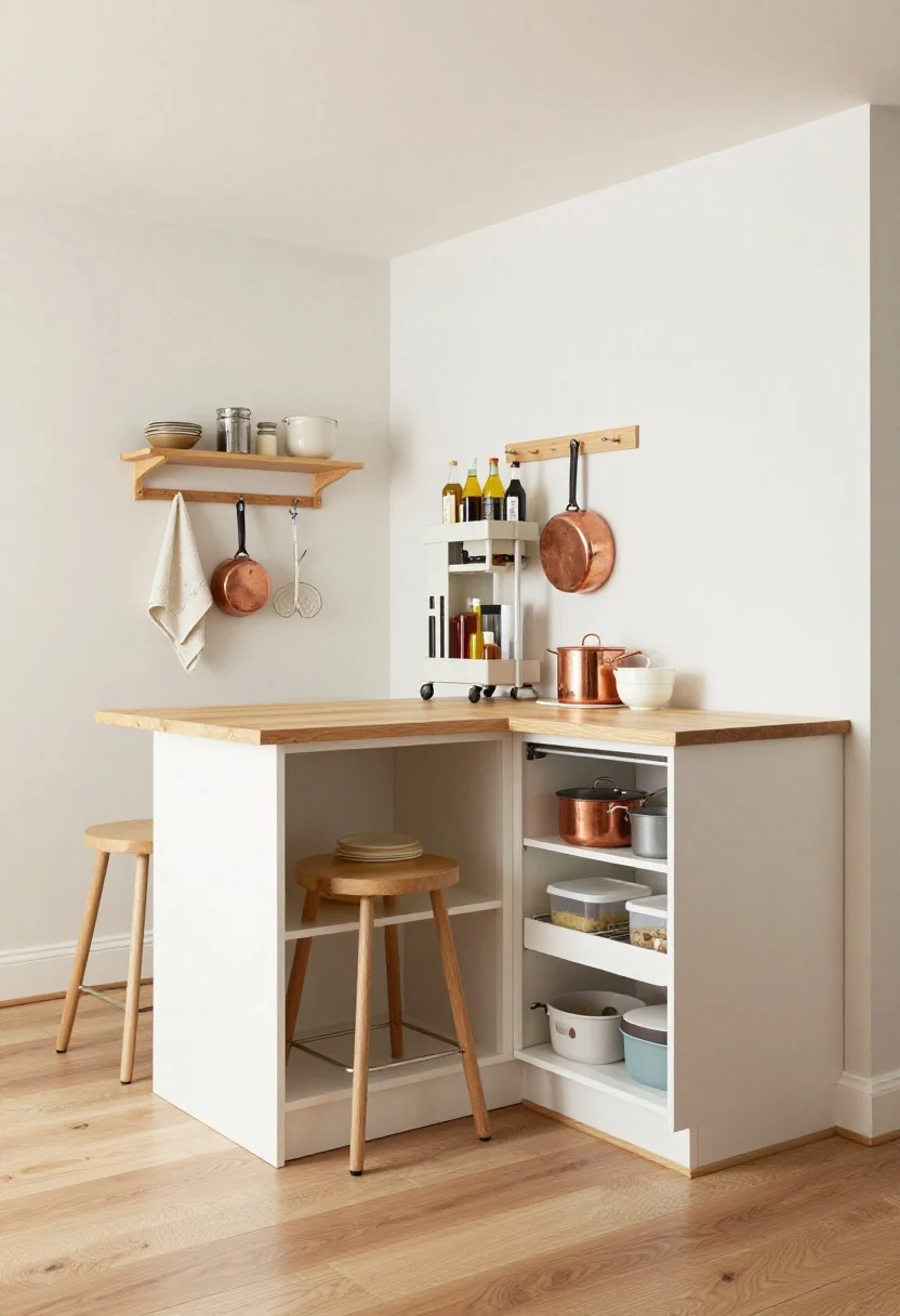 Photorealistic wide shot of a compact kitchen maximizing islands, carts, and corners: a storage island with drawers on one side and open shelves on the other, end hooks holding a towel and a copper pan; the countertop overhang allows two stools to tuck in; a slim rolling cart between fridge and wall stores oils and baking supplies; a corner base cabinet reveals a kidney-shaped pull-out organizing pots and food containers; subtle toe-kick drawers under base cabinets house baking sheets and pet bowls. Matching hardware across pieces for cohesion, bright even daylight, corner angle to show all elements.