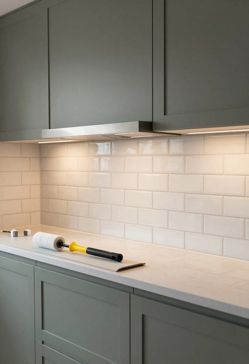 Photorealistic wide shot of a kitchen backsplash upgrade with peel-and-stick tiles installed cleanly in a classic narrow-grout subway pattern, running all the way to the ceiling behind a slim range hood and open shelves. Color palette: soft white tiles with warm gray grout; glossy greige wall nearby for elevated contrast. Include a rubber roller and tile spacers on the counter, edges aligned perfectly. Warm ambient light and under-cabinet task lighting grazing the tile surface to emphasize texture and realism; captured from a slight corner angle.
