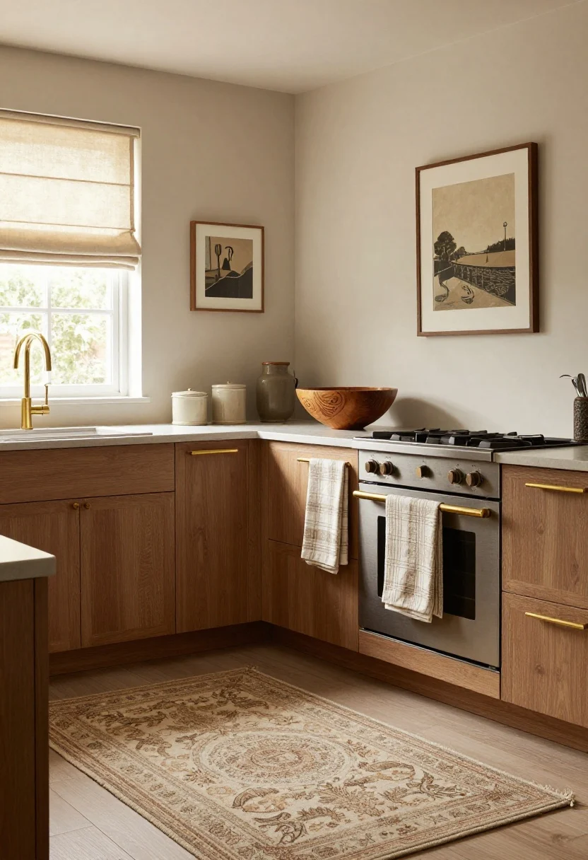 Photorealistic wide shot of a kitchen dressed with textiles and art: a vintage-look washable runner rug along a galley floor, a soft Roman shade at the window, and a framed statement art piece on a blank wall. Styling includes matching tea towels on an oven handle, a carved wooden bowl on the counter, a ceramic utensil crock, and cohesive ceramic canisters. Palette ties to cabinets and hardware: warm woods, brass accents, earthy textiles. Warm ambient morning light; straight-on view for a collected, cozy mood.