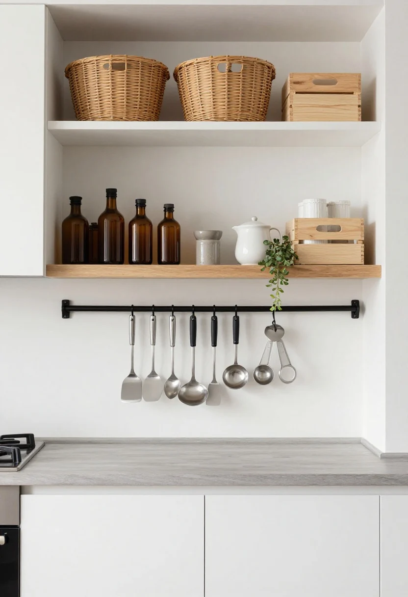 Photorealistic wide shot of a light, airy modern kitchen wall used for vertical storage: matte white walls with a slim matte-black rail holding grouped stainless spatulas, ladles, and measuring cups; a natural oak floating shelf above the stove with uniform amber glass oil bottles, ceramic salt cellar, and a small trailing plant; above-cabinet space filled with matching lidded wicker baskets and a couple of pale wood crates for texture. Keep the scene cohesive and uncluttered, items kept lightweight at or above eye level. Soft natural morning light, straight-on perspective, clean, minimal styling.