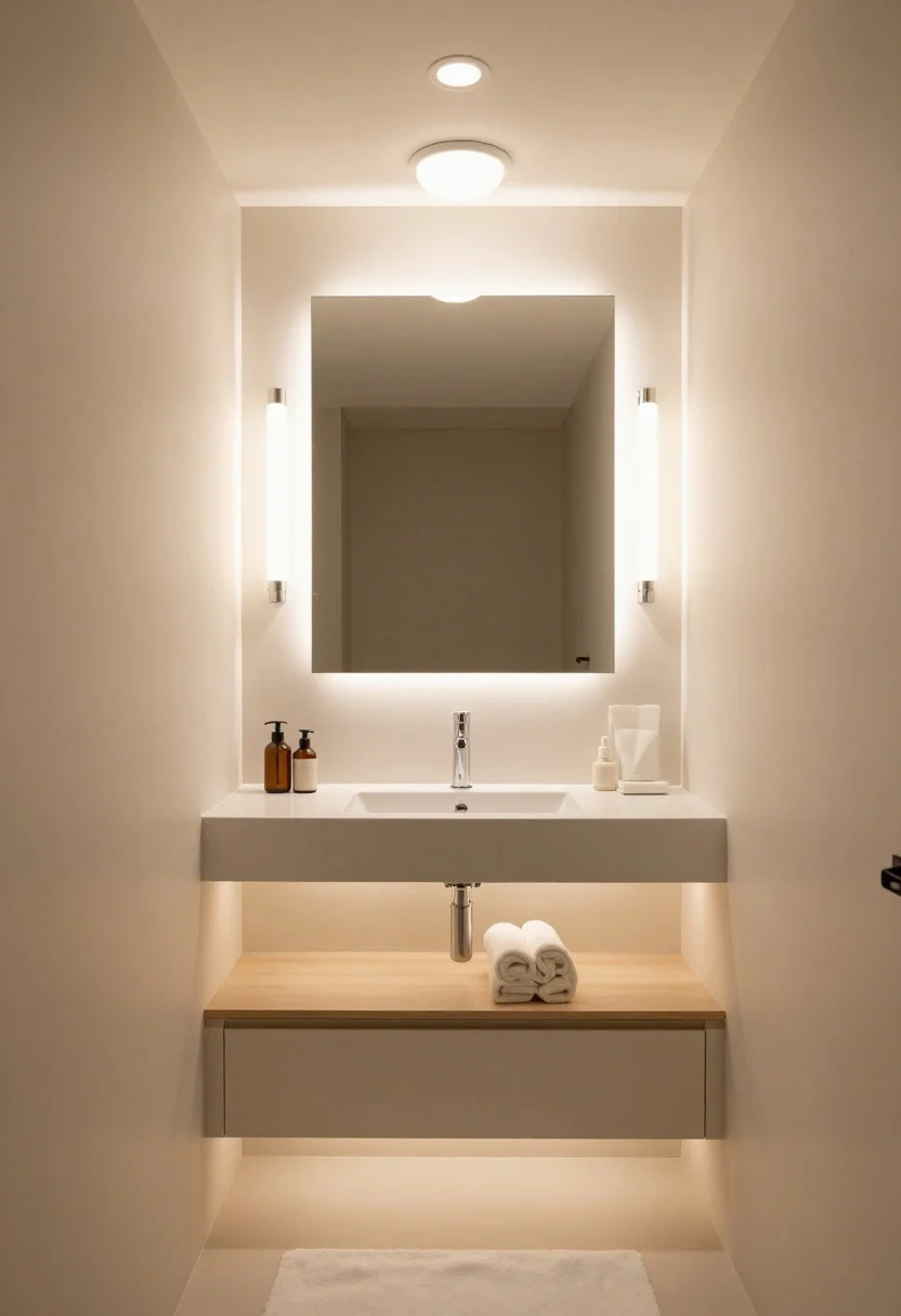 Photorealistic wide shot of a small bathroom lit like a wellness studio: a flush-mount overhead fixture with a frosted diffuser casting ambient glow, vertical sconces flanking a mirror for shadow-free task lighting, and warm white 2700K bulbs throughout. Add LED toe-kick lighting under the vanity and an under-shelf LED strip creating architectural accent light. Include a sleek dimmer switch on the wall. Keep finishes cohesive and the scene softly illuminated for a spa-like evening mood.