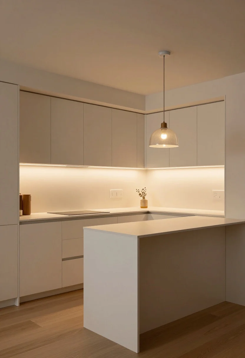 Photorealistic wide shot of a small open kitchen illuminated with layered lighting: under-cabinet LED task strips eliminating shadows, a semi-flush ceiling fixture for ambient light, and one bold slim pendant with a glass or linen shade hung low over a petite peninsula; warm-white bulbs at 2700–3000K with dimmers; light cabinetry, matte finishes, clean sightlines, cozy and intentional evening ambience, no people