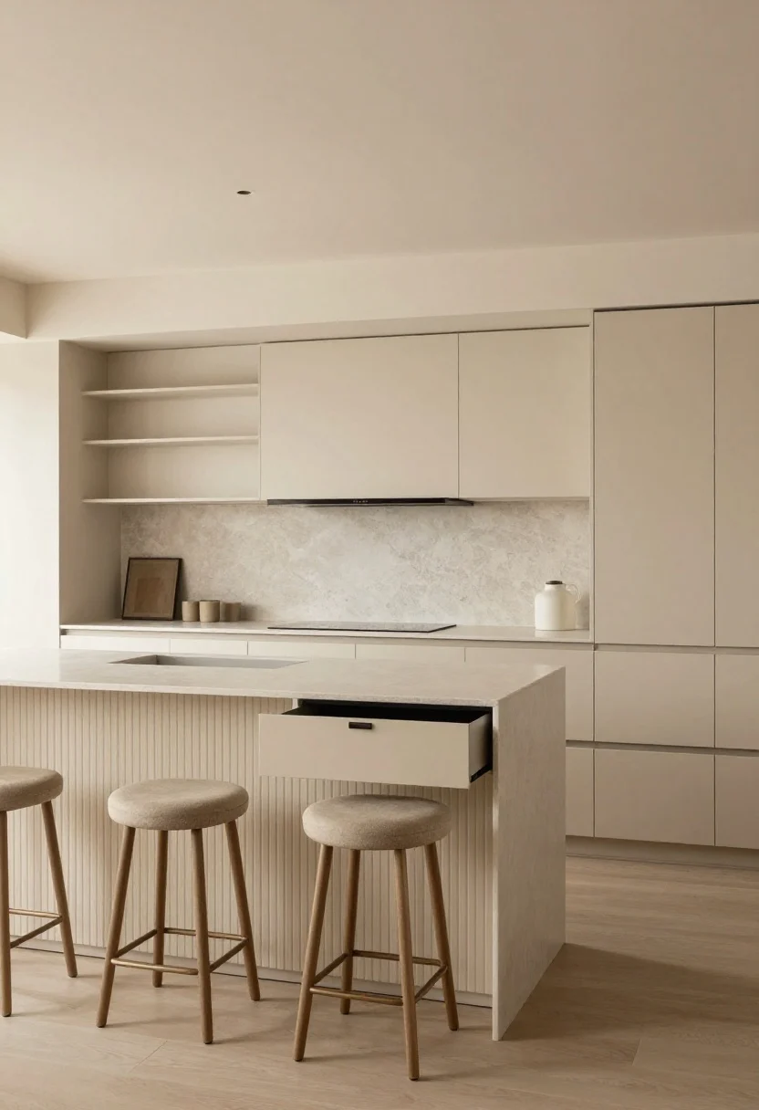 Photorealistic wide shot of a soft minimalism kitchen: warm neutral palette in mushroom, sand, and oat with matte black and brushed nickel hardware; arched open shelving, bullnose-edge matte quartz countertops, rounded bar stools; panel-ready appliances with integrated pulls and a concealed charging drawer slightly ajar; a fluted/ribbed panel on the island and a micro-textured backsplash adding quiet depth; clean, uncluttered surfaces, soft diffuse daylight through a window, subtle shadows emphasizing the rounded edges; straight-on perspective to showcase symmetry and calm, cozy modernity