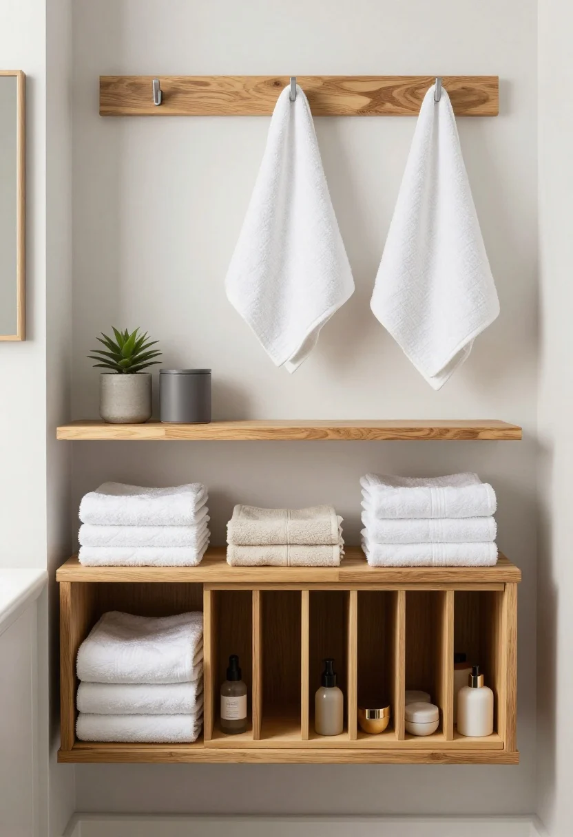 Photorealistic wide shot of smart storage as decor in a tiny bathroom: floating wood shelves stained to match the vanity, styled with restraint—stacks of folded uniform towels, one small plant, and a single matte ceramic canister. Include a shallow, wall-mounted over-the-toilet cabinet with hidden doors for minimal visual noise. Open vanity drawer reveals bamboo dividers organizing skincare and tools. Wall hooks replace towel bars, evenly spaced with matching towels. Leave negative space for breathing room.