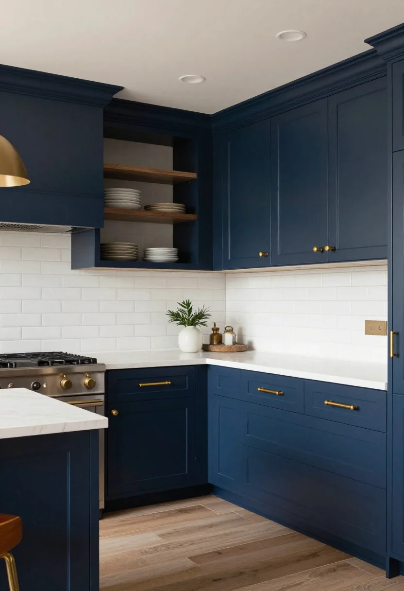 Photorealistic wide shot of the kitchen “after” capturing the high-end vibe through paint, hardware, backsplash, and lighting layered together: deep navy lowers with creamy uppers, antique brass long pulls, a soft white subway backsplash with warm gray grout run to the ceiling behind open shelves, and layered lighting (semi-flush, pendants, under-cabinet LEDs on dimmers). The room reads bright yet warm (2700–3000K), with cohesive finishes and clean lines; slight corner angle to showcase depth and flow.