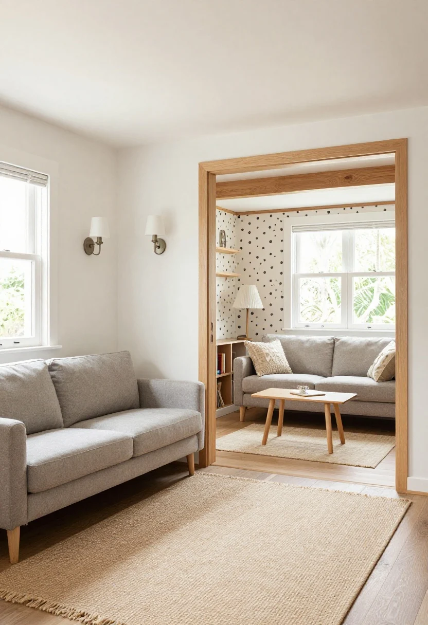 Split-scene medium shot of micro tips: Left shows a tiny cottage setup with a loveseat and two airy armless chairs, sconces wall-mounted to save surface space; right shows an open-concept cabin zone defined by a large natural-fiber rug and a narrow console behind the sofa; a renter-friendly corner includes peel-and-stick wallpaper behind shelves, swapped pleated lamp shades, and a freestanding bookcase; consistent cozy palette and natural light from side windows.