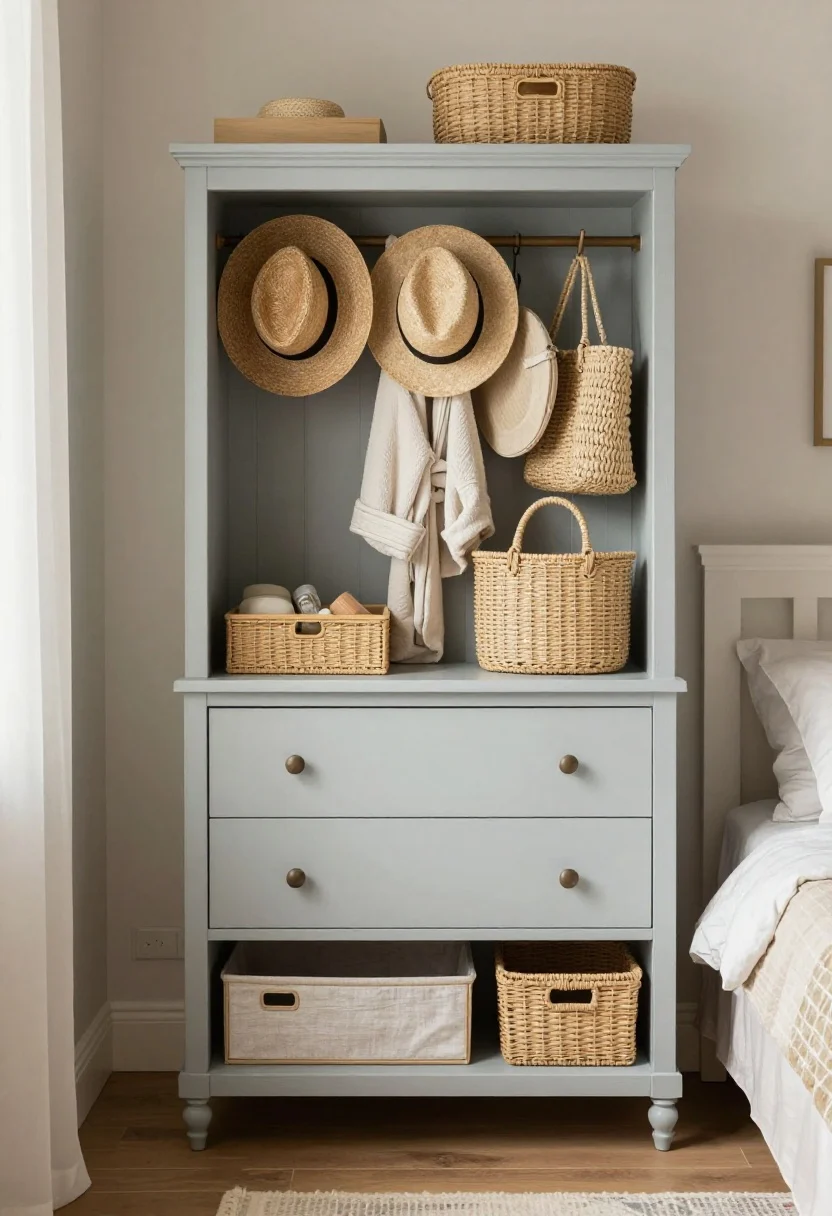 Straight-on medium shot of charming, functional storage: a painted armoire with character, a nightstand with drawers holding essentials, peg rail with straw hats, a robe, and a woven bag arranged neatly; lidded baskets and trays corral small items on top of the dresser; low underbed rolling bins partially visible under a bed skirt; space looks calm and uncluttered; soft morning light, photorealistic, no people