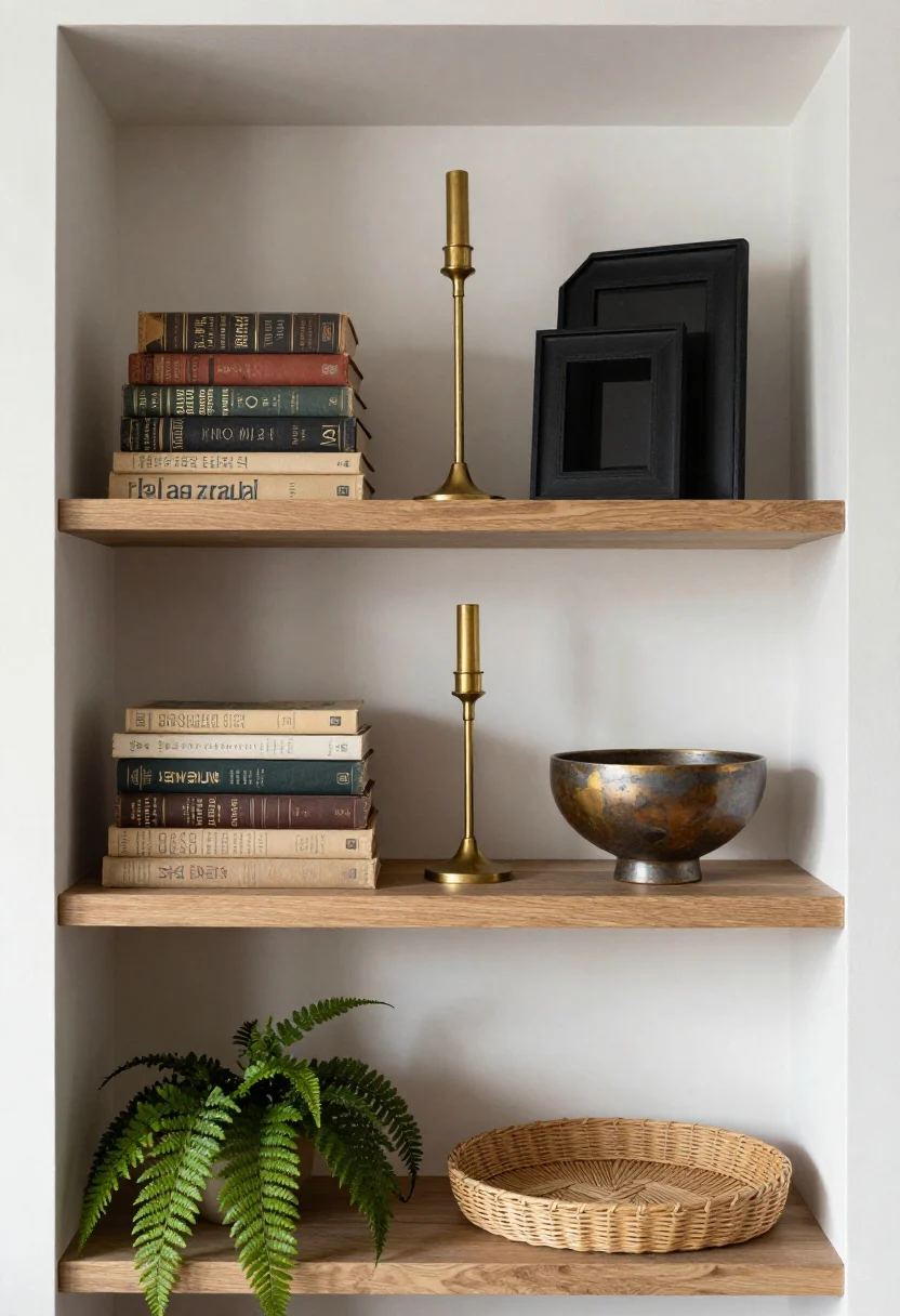 Straight-on shelf vignette: A styled built-in with curated objects arranged by theme and tone—stacks of vintage books (horizontal), a tall brass candlestick (vertical), and a small sculptural ceramic bowl; aged brass mixed with matte black frames, warm wood accents, a woven tray, and a sprig of real green fern; intentional negative space between groupings; soft side lighting that highlights patina without clutter.