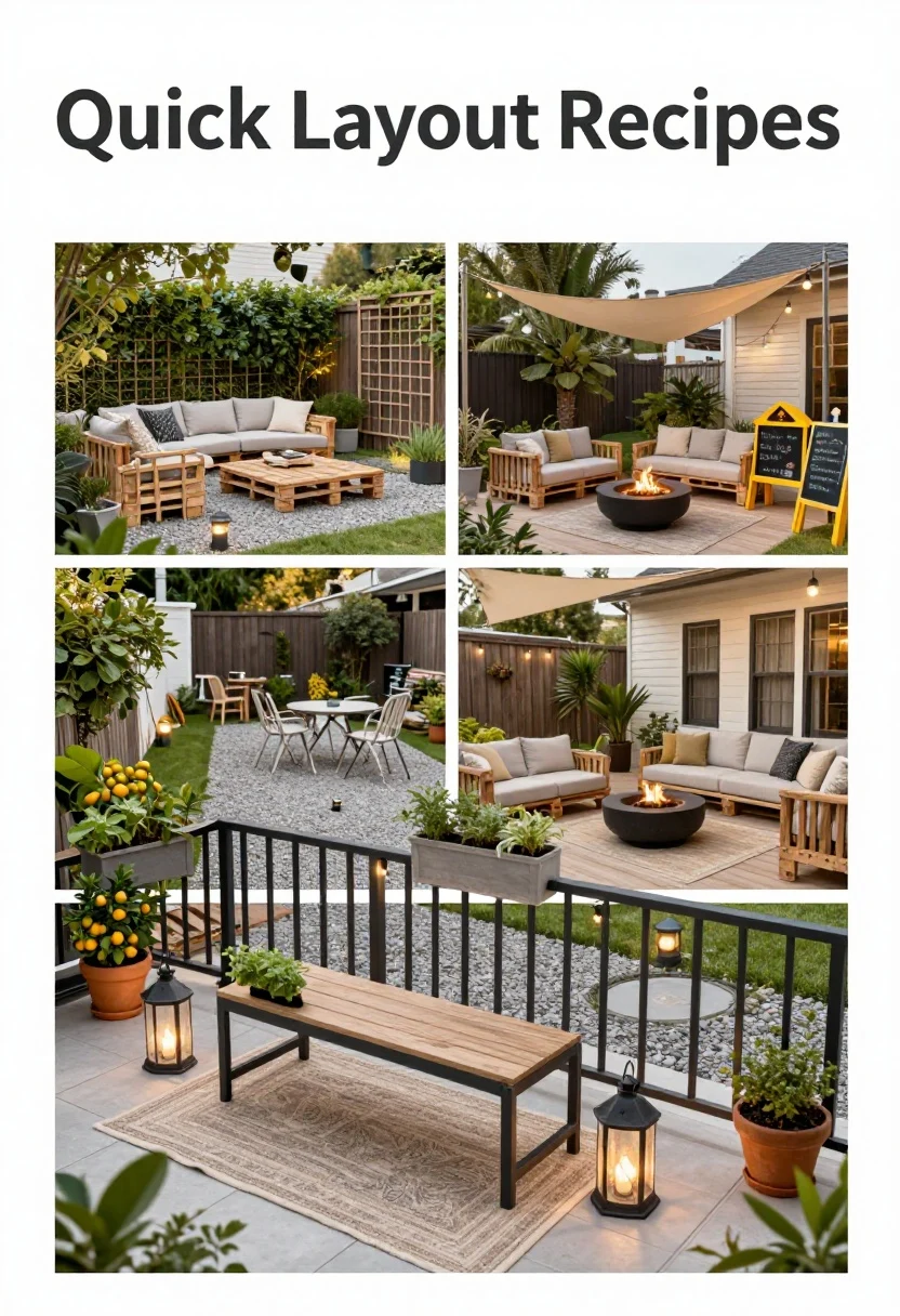 Wide composite-style scene showing three “Quick Layout Recipes” in one backyard depth-of-field sequence: foreground tiny balcony setup with a narrow bench on an outdoor rug, two lanterns, herb rail planters on the railing, and string lights overhead; midground skinny side yard vignette with a neat gravel path, trellis wall, small bistro set, solar path lights, and a potted citrus; background family yard zone with a pallet sofa, storage ottoman as table, shade sail, low fire bowl, and a kids’ chalk station; cohesive palette of two neutrals plus one bright accent; late afternoon light, no people, photorealistic, layered perspective.