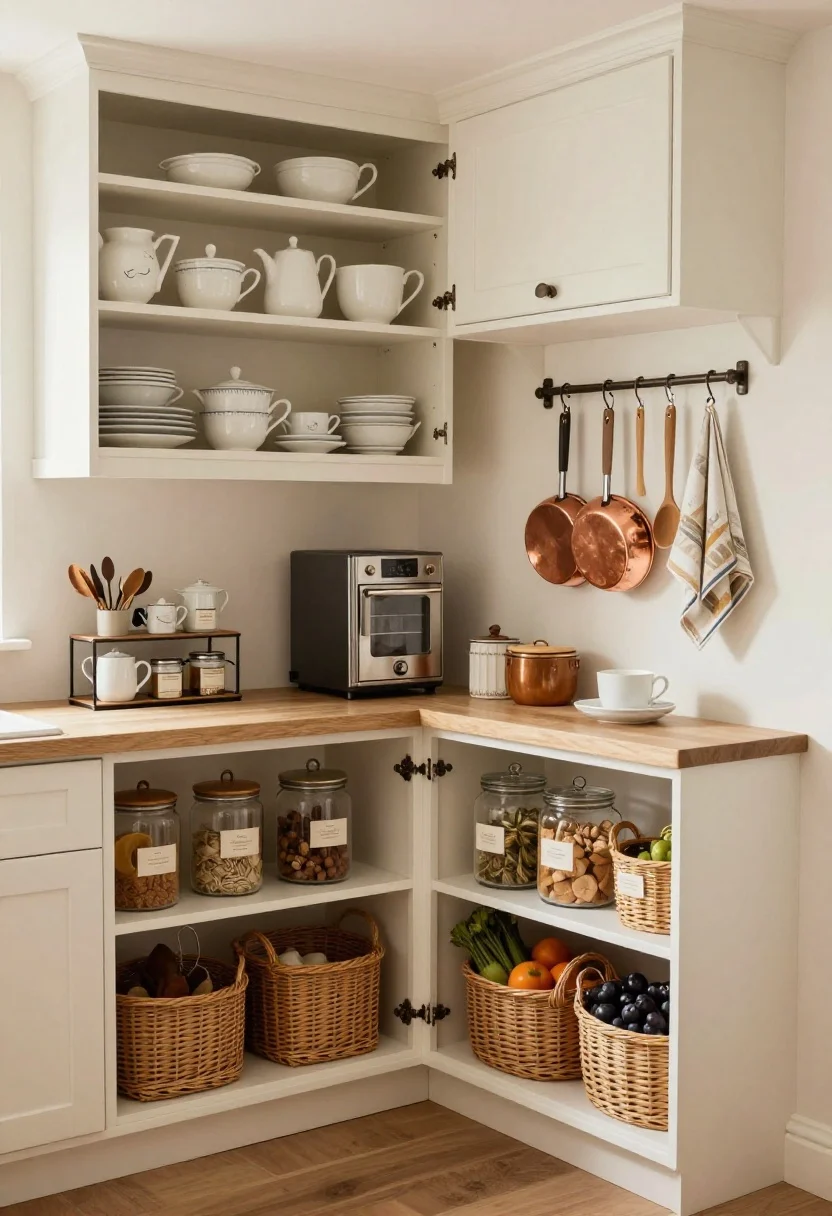 Wide corner angle of a charming yet organized cottage kitchen storage setup: closed lower cabinets concealing pantry goods, open upper shelves displaying everyday white ceramics, a freestanding larder cabinet/hutch swallowing small appliances, a peg rail with copper pans, wooden spoons, and neatly hung tea towels, and woven baskets holding produce on a low shelf. Include clear glass canisters with subtle labels on a counter zone (baking nook tools in crocks, tea station with mugs and canisters). Warm, diffuse lighting, clutter-free but lived-in.