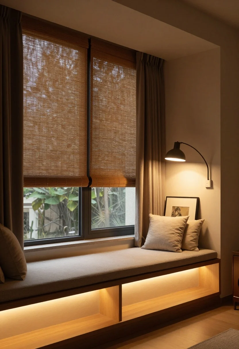 Wide evening shot: A moody, cozy window seat with layered lighting—pair of plug-in sconces flanking the window for symmetry and reading light, a slim arc floor lamp set to shoulder-height shade, a picture light illuminating framed art nearby, and warm LED strip glow under the bench lip and inside open cubbies. Window dressed with woven wood shades half-lowered for filtered privacy; optional cafe curtains on tall panes. Seat features a neutral cushion and minimal pillows to let lighting be the star. Warm dimmable ambiance, visible shadows and highlights, photorealistic.