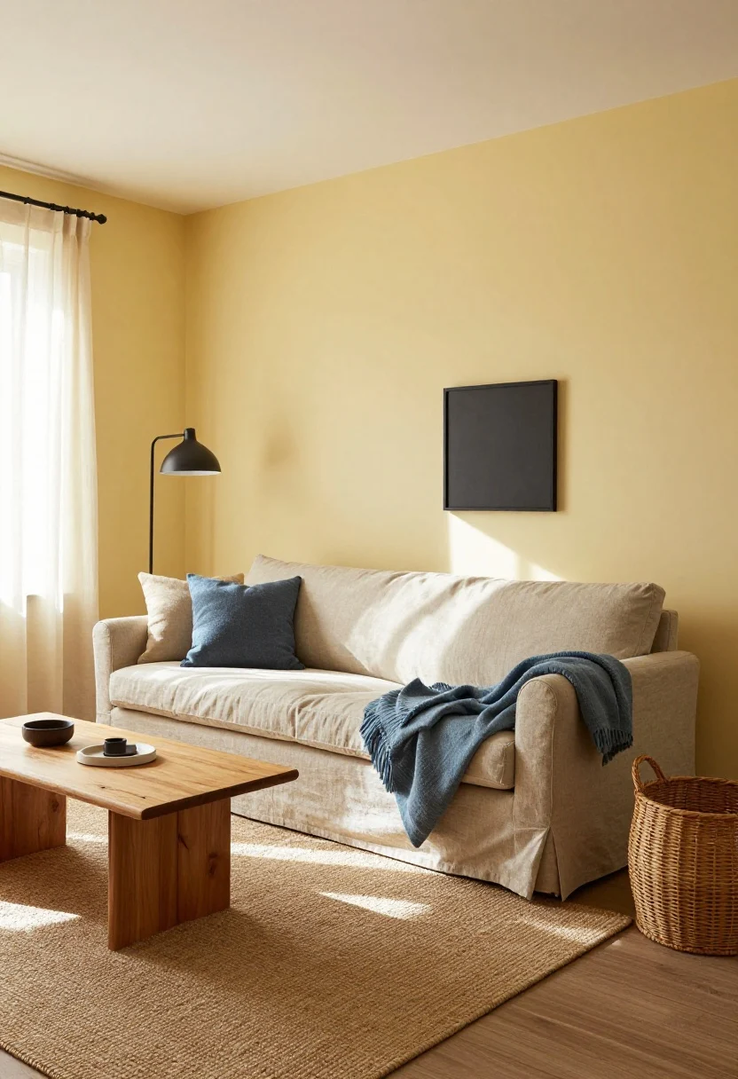 Wide room shot: A sunlit cottage living room with creamy white walls tinted with buttery yellow, an oatmeal-colored slipcovered sofa, linen curtains, and a jute rug; soft sage and dusty blue textiles layered on the sofa, a few black or charcoal accents like a thin metal floor lamp and a matte black picture frame to ground the palette; natural wood side table and a rattan basket add texture-as-color; late afternoon natural light casting warm shadows, no people, photorealistic.