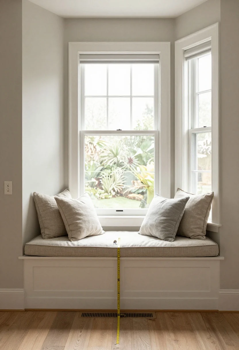 Wide shot: A bright bay window nook in a living room during morning light, showcasing a perfectly sized window seat: 18–20 inch seat height, 24 inch deep cushion for leg tucking, and 48 inch wide span for two people. Include a slim clearance of 2–3 inches around white window trim, visible wall outlet left unobstructed, floor vent kept clear beneath. East-facing light streams in softly. The bench is bench-skinny in a narrow alcove, with plush pillows adding depth. Include a tape measure and pencil on the floor as if mid-measuring. Materials: painted white wood base, neutral linen cushion, mixed neutral pillows. Mood: calm, practical, photorealistic.