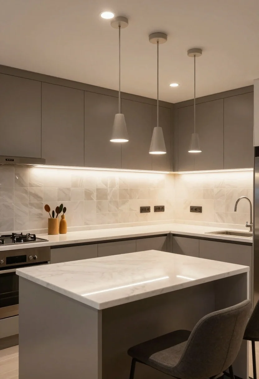 Wide shot: A contemporary kitchen staged with three distinct lighting layers—soft ambient recessed cans in the ceiling, bright task lighting from slim LED under-cabinet bars and a trio of island pendants, and subtle accent lights including toe-kick LED tape and warm-glow wall sconces; each layer visibly on separate dimmers. Finishes mix matte cabinetry with a glossy tile backsplash that catches the accent glow. Mood toggled to a balanced scene: ambient medium, task bright, accents warm, showcasing layered light on quartz counters and textured tile.
