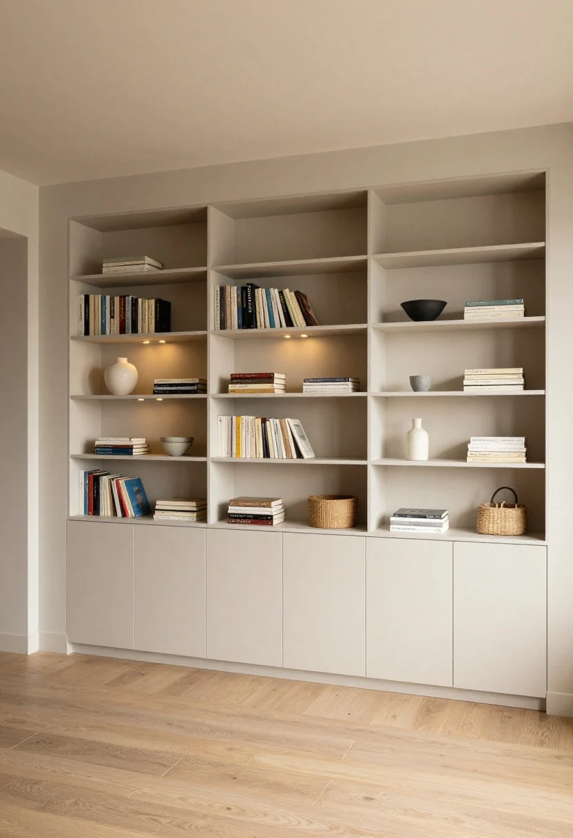 Wide shot: A living room with wall-to-wall, floor-to-ceiling built-in bookshelves framing the space, combining lower closed cabinets with door fronts and upper open shelves styled with vertically and horizontally stacked books, minimalist ceramics, and woven baskets; subtle picture lights and tiny puck lights create a warm museum-like glow; mid-tone painted shelves against a light neutral wall, natural wood floor, clean lines, and a tall ceiling emphasized by the shelving height; no people, photorealistic, straight-on perspective.