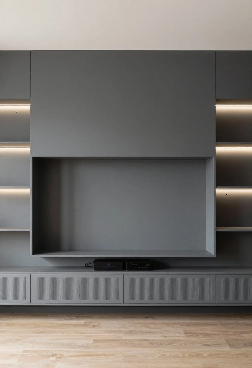 Wide shot: A media wall painted in a mid-to-dark charcoal tone to make the tech recede, featuring a recessed TV in a shallow niche, slim base cabinets with ventilated slatted or cane door fronts hiding consoles and routers, and symmetrical flanking shelves on one side with the opposite side left more minimal for balance; discreet grommets and cord channels visible at the back of a shelf for clean cable management; integrated LED shelf lighting provides a soft glow; straight-on, contemporary, photorealistic.