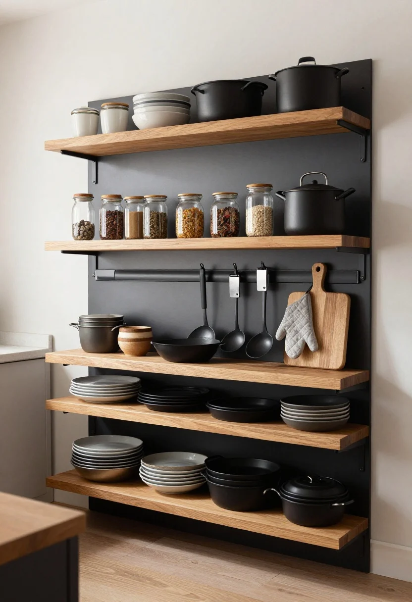 Wide shot: A small galley kitchen with matte black wall rail systems holding pans, ladles, and oven mitts; two tiers of warm wood floating shelves stacked high with neatly styled everyday dishes, spices, and labeled glass jars on lower shelves and bulkier, less decorative items up top; a sleek magnetic knife strip and magnetic spice tins mounted beside an over-cabinet organizer that corrals cutting boards and baking sheets. Limited palette of matte black hardware and warm wood, soft natural daylight, straight-on perspective, photorealistic styling that reads curated not chaotic.