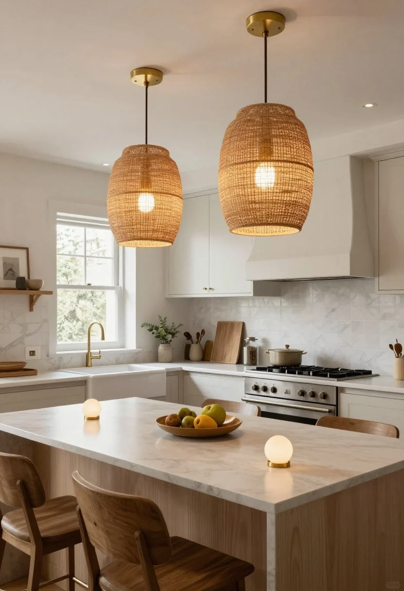 Wide shot: A style-forward kitchen showcasing coordinated finishes—Modern Organic meets Transitional. Over the island, a pair of linen or rattan pendants with warm brass accents glow at 2700K; along the perimeter, opal glass globes with aged brass hardware provide gentle ambient light. Recessed downlights have low-glare baffles for a minimalist touch. One bold fixture per zone keeps sightlines open around a windowed sink and statement hood, with larger-scaled lights feeling custom yet airy.