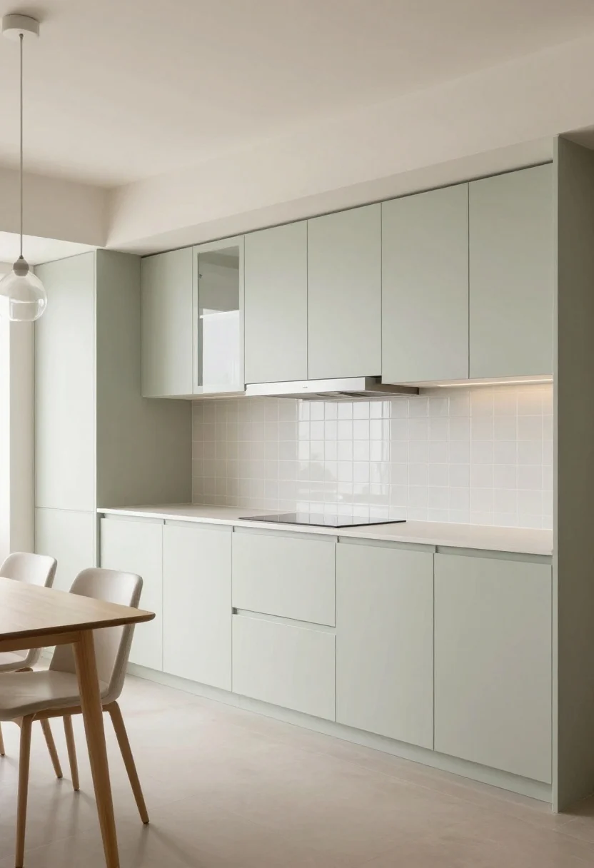 Wide shot: Airy compact kitchen in soft white and pale sage with warm greige accents—cabinetry in pale sage, walls slightly lighter than cabinets, a semi-gloss tiled backsplash with matching grout for a seamless look, a mix of glass-front upper cabinets to add depth, LED under-cabinet lighting eliminating shadows, and slim pendants with clear shades over a tiny peninsula to keep sightlines open. Subtle reflections, bright yet cozy mood, straight-on perspective, photorealistic.