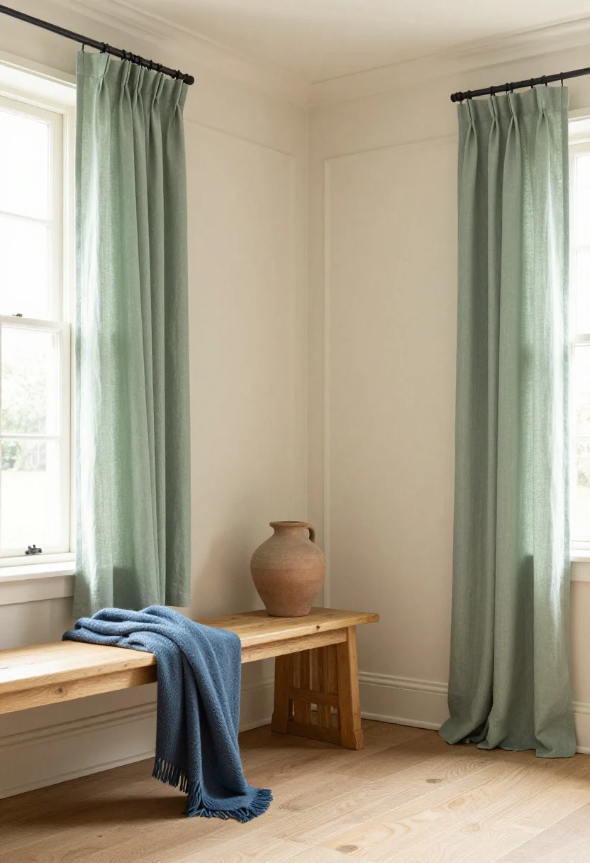 Wide shot: An English cottage living room bathed in soft natural light, walls painted in matte buttermilk cream with slightly off-white trim, a sage green linen curtain framing a window, dusty blue wool throw draped over a pine bench, warm clay ceramic vase on a greige-painted console, visible oak and elm wood tones throughout as the “fifth color,” photorealistic, gentle matte finishes, no stark gloss.