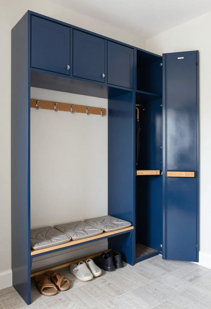 Wide shot: An entryway/mudroom with locker-style cubbies—one per person—each with a hook, upper shelf, and labeled bin; a built-in bench with wipeable outdoor cushions, wall-mounted rails for umbrellas and a low rail for shoes; a narrow drawer mail station with a cork strip above for invites; durable finishes: semi-gloss navy cabinetry, tile or vinyl flooring in a subtle pattern; bright, practical lighting; corner perspective, tidy and lively, photorealistic.