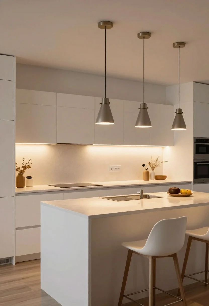 Wide shot demonstrating layered lighting in a white kitchen at dusk: warm ambient glow from recessed lights on dimmers (2700–3000K), crisp task lighting from under-cabinet LED light bars illuminating the counters, and accent lighting from two statement pendants above the island plus a pair of wall sconces over open shelves. Surfaces include matte white cabinets, subtle-textured backsplash, and light counters; show warm, even color with 90+ CRI bulbs. No people.