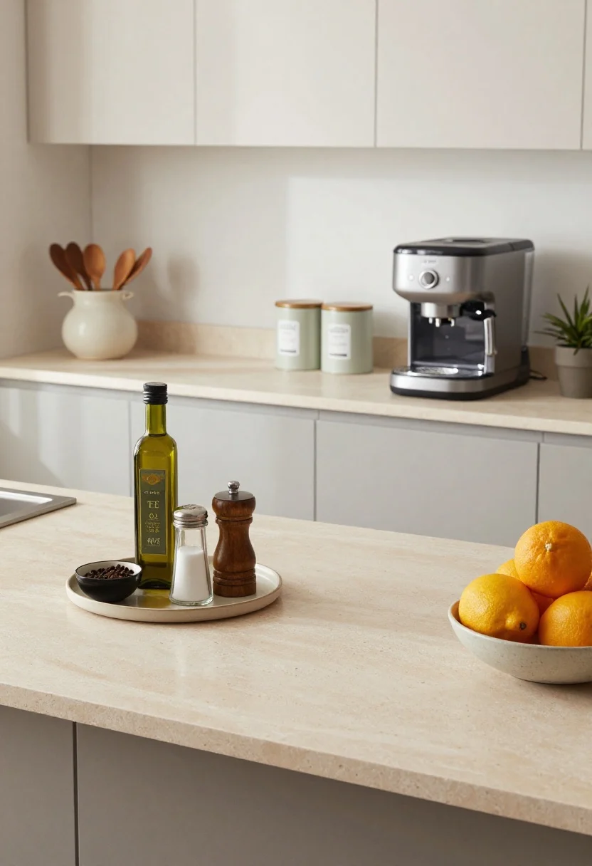 Wide shot, minimalist countertop styling: Clutter-free counters with purposeful decor. A tray groups olive oil, a salt cellar, and a pepper mill into a tidy vignette near the cook zone. A ceramic crock holds wooden spoons; a pair of pretty canisters labeled for coffee and tea sit by a compact coffee maker, while once-a-month gadgets are absent. One open expanse of counter reads as a default prep zone. A small plant and a bowl of bright citrus add a fresh element. Soft natural daylight, matte stone countertop, subtle textures, photorealistic.