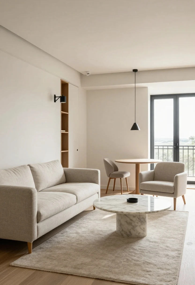 Wide shot of a compact salon-style living area demonstrating small-space layout: furniture floated off the walls—compact linen sofa, two slipper chairs with visible legs, petite round marble coffee table; clear sightlines and airy, leggy pieces; zoning with rugs—a main seating rug, a slim runner defining a window nook, and a small mat by a balcony door; a round pedestal dining table tucked to one side with a single pendant above to define the zone; wall-mounted swing-arm sconces freeing surfaces; vertical storage (tall, narrow wardrobe/books stack) visible in the background. Natural daylight with gentle shadows, photorealistic.