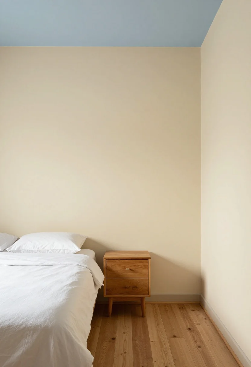 Wide shot of a cottage bedroom bathed in morning light, walls in buttermilk cream with a matte finish, trim painted a slightly creamier tone for layered, timeworn contrast, ceiling in a whisper of pale blue that flatters exposed warm wood tones, simple bed and nightstand kept minimal to emphasize the soft, sun-washed color palette; warm, friendly undertones throughout, photorealistic, no people