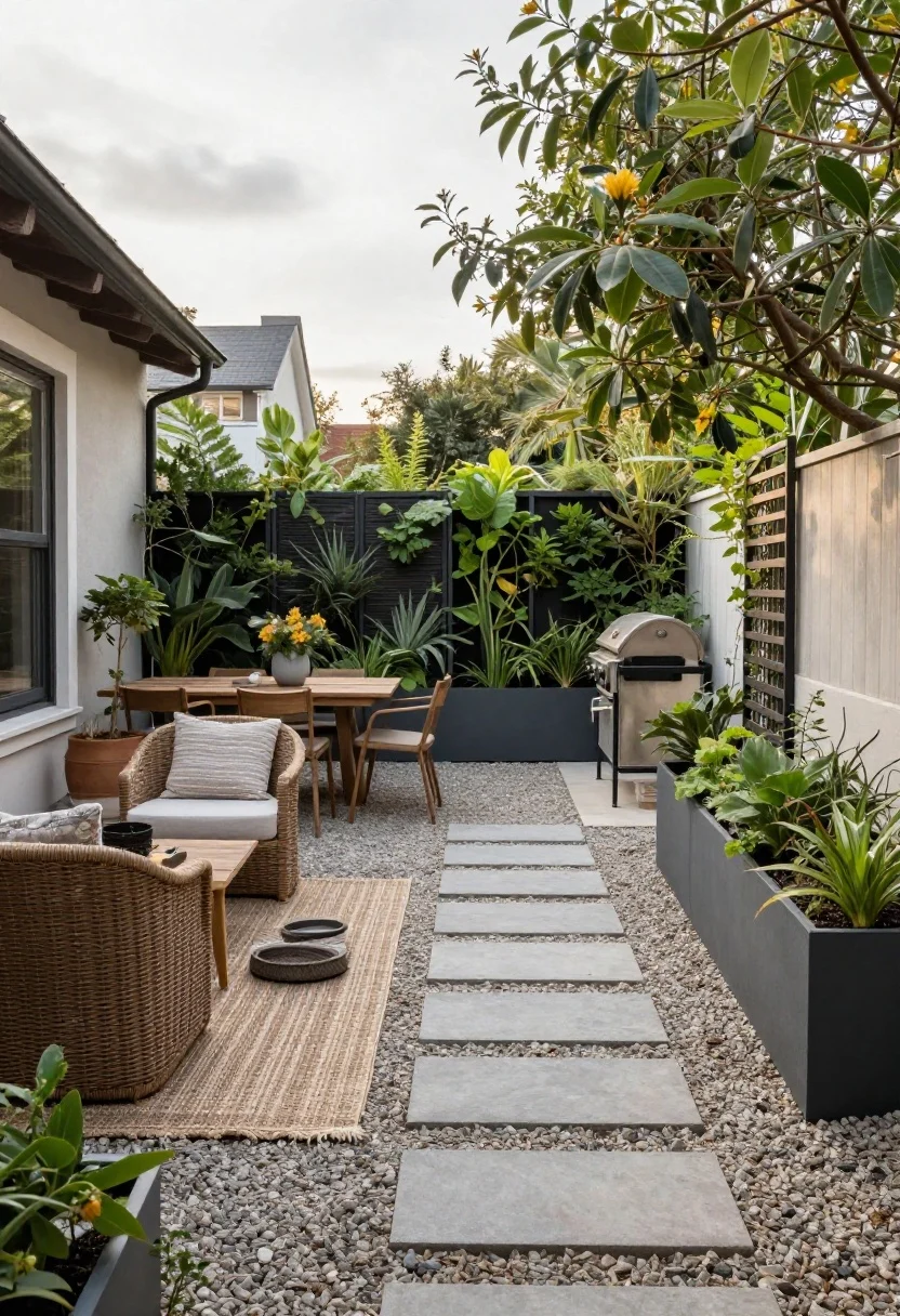 Wide shot of a small backyard divided into zones: a chill lounge with an outdoor rug defining the area, a dining nook on a gravel patch with paver stepping stones forming a clear central path, and a garden/play corner edged by planters; furniture floated against the perimeter, a folding screen and a freestanding trellis with a row of tall planters create vertical “walls” between the lounge and grill zone; soft late-afternoon natural light, textures of woven rugs, gravel, and painted pavers visible; no people, photorealistic, corner angle.
