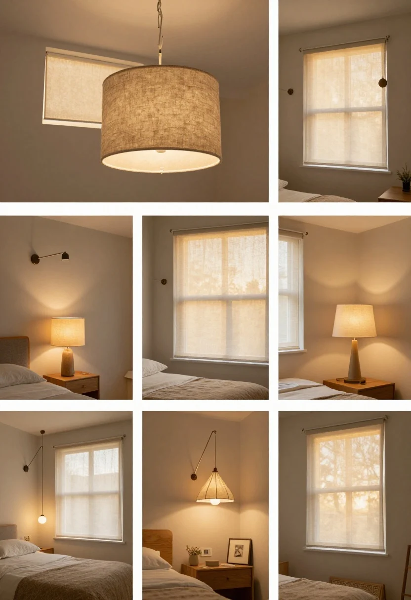 Wide shot showcasing layered cottage lighting at golden hour: a dimmed linen drum pendant overhead, swing-arm sconces flanking the bed, petite table lamp with a linen shade on one side, and a tiny picture light illuminating a small artwork; warm dimmable bulbs at 2700–3000K casting a cozy glow; windows dressed with sheer panels with discreet blackout rollers behind; warm greige walls amplify the ambience, photorealistic, no people