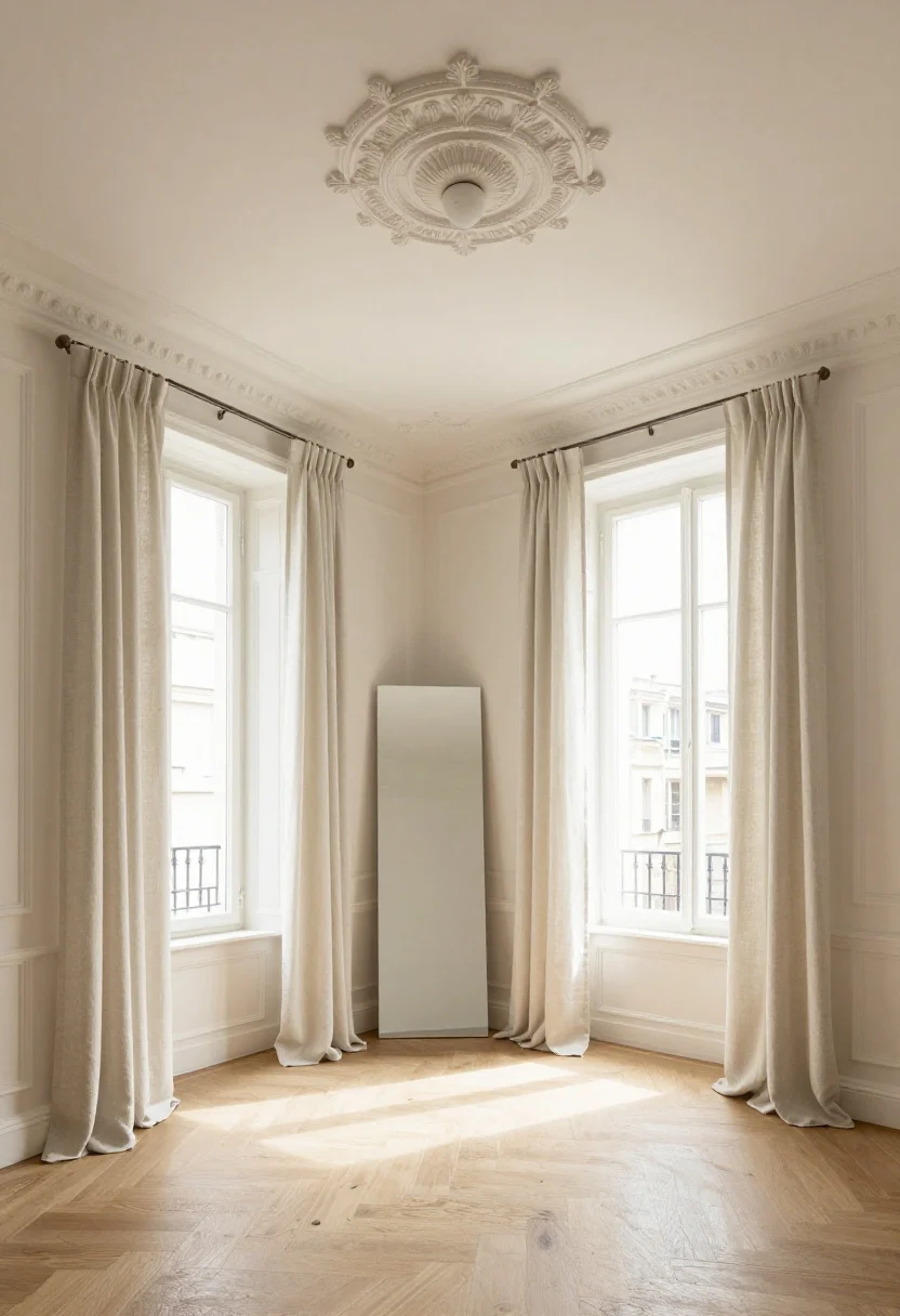 Wide shot, straight-on view of a bright Paris-inspired living room that “honors the bones”: high-look ceilings with simple applied picture-frame wall molding and a slim chair rail painted the same warm off-white as the walls and trim; extra-long linen curtain panels hung just below the ceiling to elongate height; a basic ceiling light upgraded with an ornate plaster ceiling medallion; oversized floor mirror leaning opposite tall-looking windows to bounce light; herringbone-look wood floors. Soft, luminous paint in creamy off-white with a hint of gray, warm daylight flooding the space, no people, photorealistic.