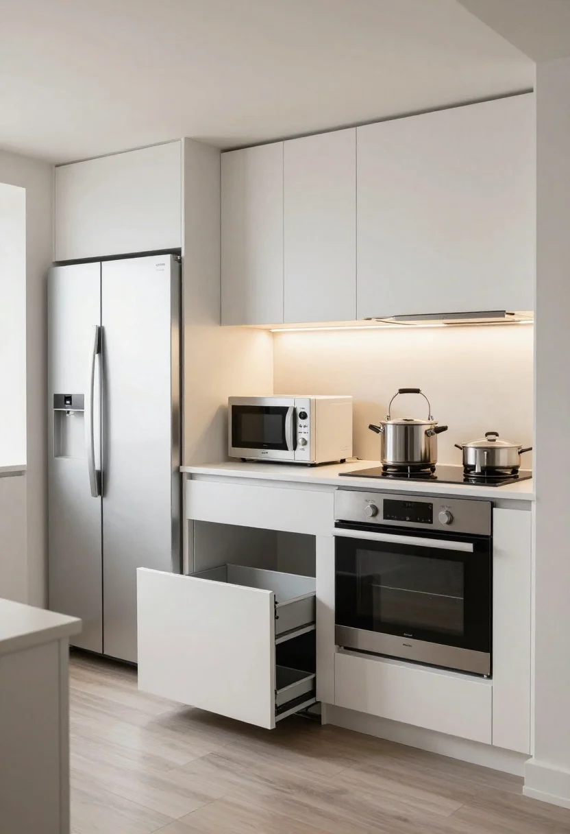 Wide shot: Streamlined small kitchen with right-sized appliances—a counter-depth slim fridge flush with cabinetry, compact dishwasher drawers integrated into lower cabinets, a stainless multicooker and air-fryer oven replacing multiple gadgets, and an under-cabinet-mounted microwave freeing counter space. Visible charging drawer closed with tidy cable management (a small caddy tucked discreetly), minimal countertop clutter, bright ambient and under-cabinet lighting, straight-on composition.