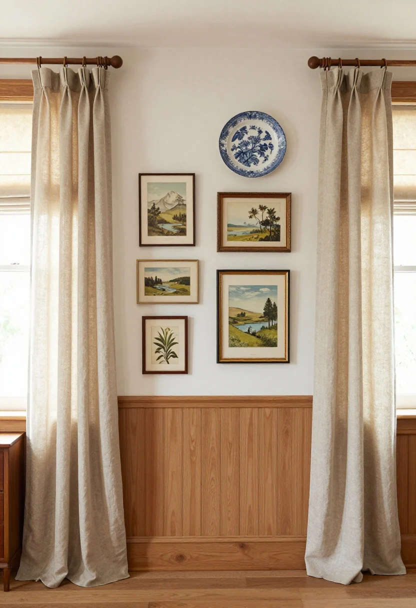 Wide, straight-on view: A cottage room showcasing architectural character—floor-length linen curtains on wooden rods with simple rings hung high and wide, layered Roman shades beneath for privacy, tongue-and-groove wainscoting on the lower wall, a gallery wall of vintage landscapes and botanical prints in mismatched frames, and a blue-and-white plate wall above a sideboard, soft morning light filtering in.