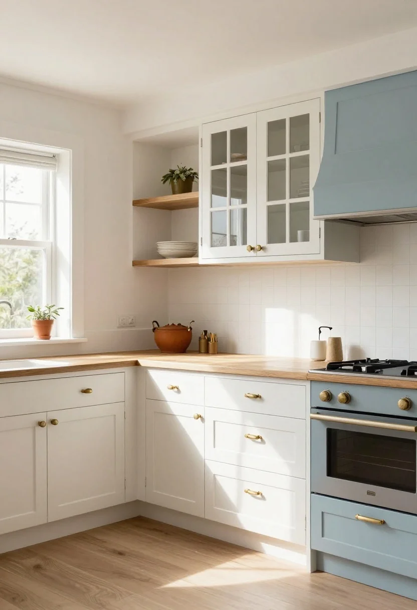 Wide, straight-on view of a sunlit cottage kitchen showcasing gentle, fresh-air colors: creamy white cabinets with warm oak shelves and aged brass pulls; a contrasting island painted soft powder blue or sage (choose one scheme per image), beadboard paneling in crisp white, and terracotta accents like a small pot on the window ledge. Include polished nickel or brass depending on the scheme, and paint the interior of glass-front cabinets a subtle contrast color for depth. Natural daylight, airy mood, soft shadows, no people.