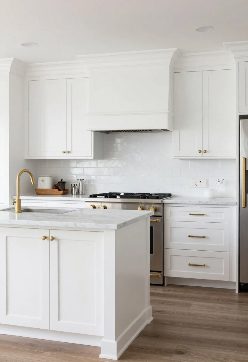 Wide, straight-on view of a timeless white kitchen featuring classic details: matte white shaker cabinets with inset panels, a furniture-style island with turned legs, marble or marble-look quartz counters with soft veining, and a white subway tile backsplash laid in a herringbone pattern behind the range. Add simple polished nickel or classic brass pulls and knobs. Even, welcoming daylight with gentle highlights for a “built to last” feel; no trendy decor, no people.