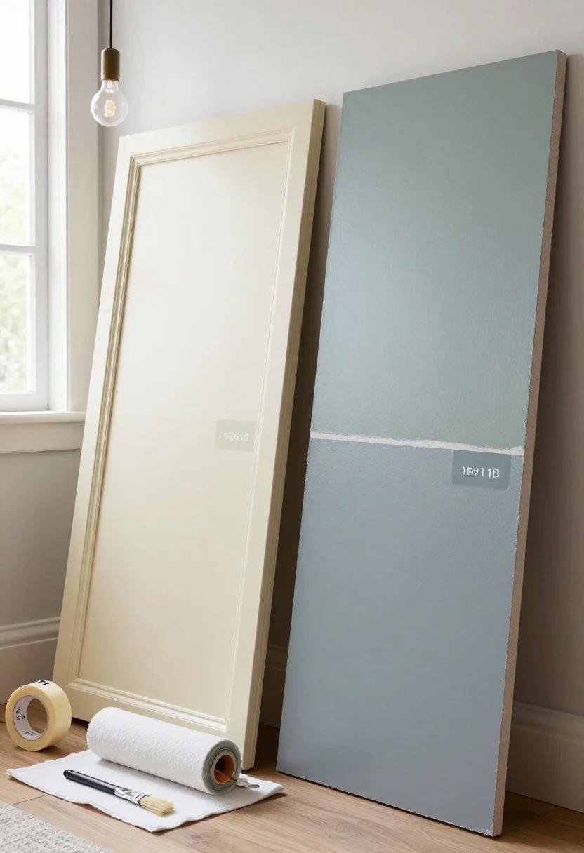 Closeup detail shot: large 18x18 sage green paint swatches on portable foam boards leaning against a wall, shown in both warm creamy white trim and cool white trim comparison; include two labeled swatches—one warm yellow-leaning sage, one cool blue-gray sage—with a high-quality angled sash brush, low-lint roller cover, and painter’s tape on a drop cloth; captured twice in one scene with mixed lighting—daylight from a window and a table lamp with LED bulb at night casting slightly different hues on the swatches; photorealistic, neutral room, focus on undertone differences.