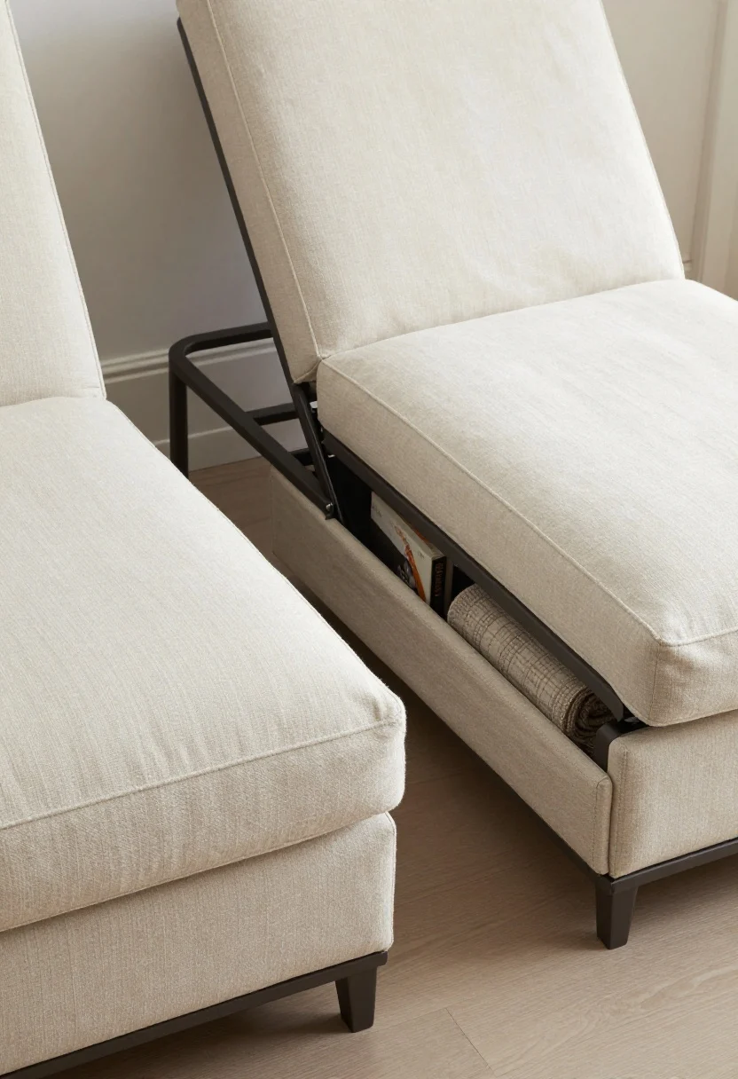 Closeup detail shot of multifunction features: a compact lounge chair paired with an ottoman that opens to reveal hidden storage filled with neatly folded throws and a book; next to it, a folded, modern slim-frame lounge chair leaning against the wall. Include a glimpse of a sleeper chair mechanism partially extended in the background. Focus on easy-clean performance linen or microfiber textures and durable stitching. Overhead angle with bright, clean lighting to showcase storage and convertibility.