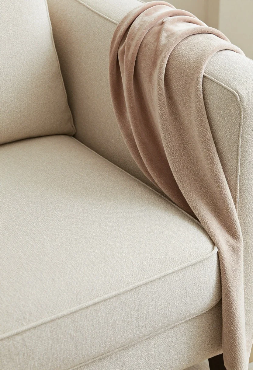 Closeup ergonomic and fabric detail: a chair seat showing 18–22 inch depth and 17–19 inch height with a supportive back angle around 100–110 degrees. The cushion reveals foam density with a fiber wrap (subtle cutaway or zipper-open view) maintaining shape yet plush. Fabrics include performance linen, smooth velvet, and tight-loop bouclé swatches draped over the arm, in light to mid-tone colors that hide wear. Soft, diffused lighting to highlight weave, texture, and comfort-focused angles. Photorealistic, no people.