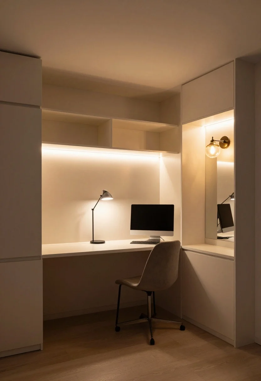 Corner-angle medium shot demonstrating three lighting layers: warm ambient central ceiling fixture washing the room, a task desk lamp by a PC setup, and accent LED strip lighting glowing behind a headboard and inside open shelves; sconces near a mirror to bounce light; dim, golden bulbs for cinematic mood; glossy and matte surfaces subtly reflecting light; no overhead harshness, balanced illumination across zones.