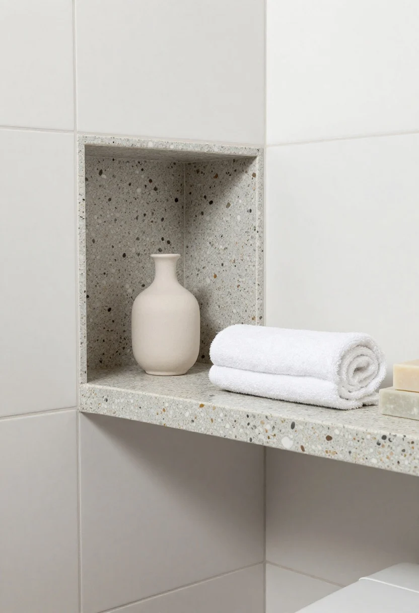 Detail close-up: Micro-dosed terrazzo accents—an inset shower niche with a terrazzo backer contrasting against plain white tile, plus a slim floating terrazzo shelf above a toilet. Chips in sage, sand, and white with matching grout on the niche to keep it refined. Minimal styling: one ceramic vase, a rolled white towel, and a small stack of pretty soaps. Moisture-friendly silicone seams subtly visible; crisp, focused lighting on the speckled surfaces, shot at a slight angle.