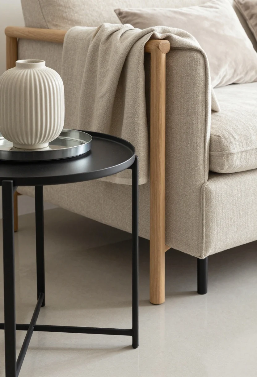 Detail closeup focusing on layered textures in a minimal palette: a matte black metal side table beside a light oak chair arm, topped with a ribbed ceramic vase on a glass tray; in the background, a linen throw draped over a boucle ottoman and a velvet pillow resting on a cotton duvet; sleek polished floor reflecting a subtle sheen; neutral, calm tones with tactile contrast; soft diffused light emphasizing fabric weave and material variation.