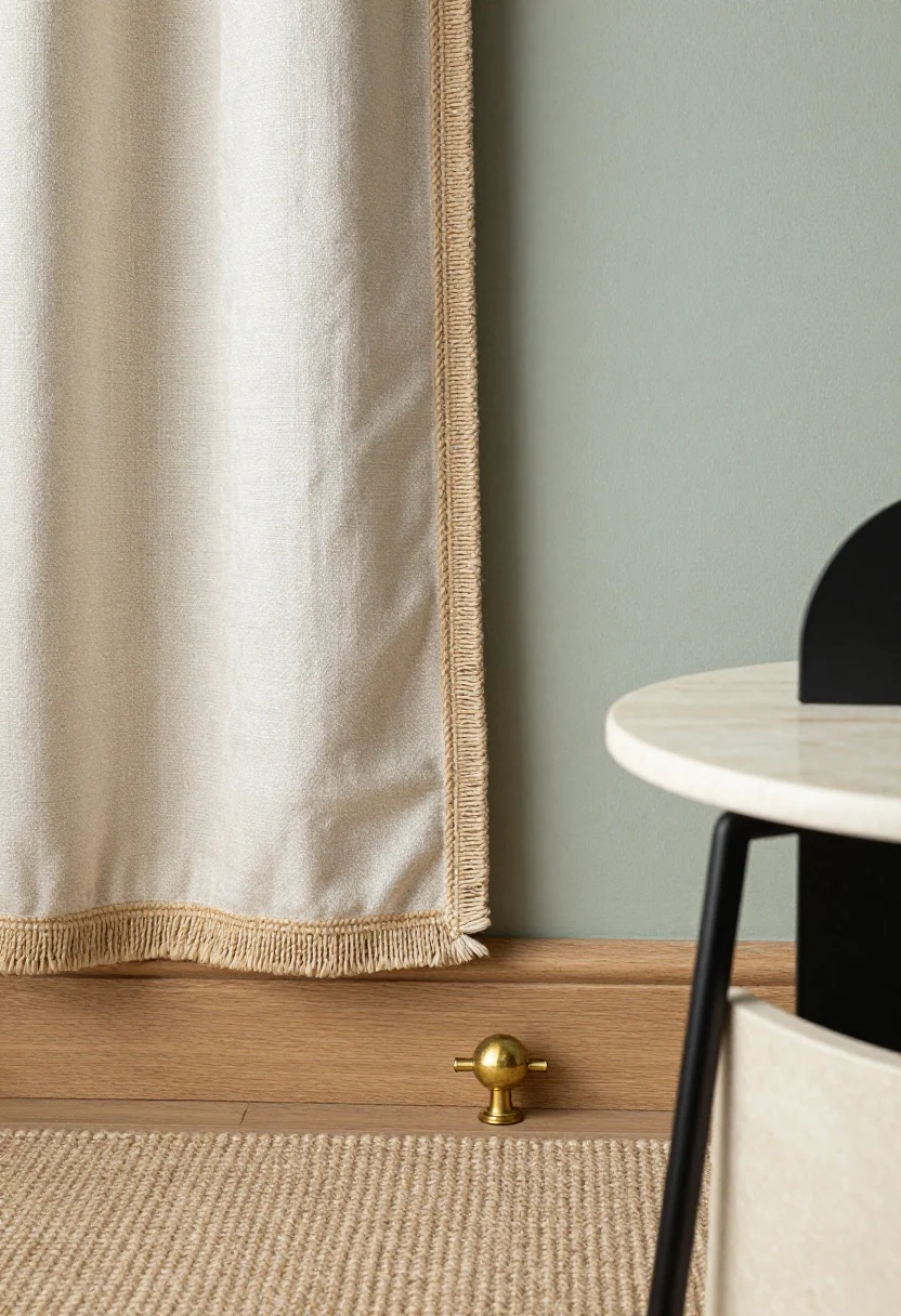 Detail closeup of textures layered against a sage wall: a jute rug edge meeting honey-oak baseboard, seagrass basket with folded linen curtains draped over the rim, aged brass curtain rod finial resting nearby, and a round marble or travertine side table top catching soft window light; include a matte black metal accent peeking in (bookend); color-true sage background, shallow depth of field, tactile focus.