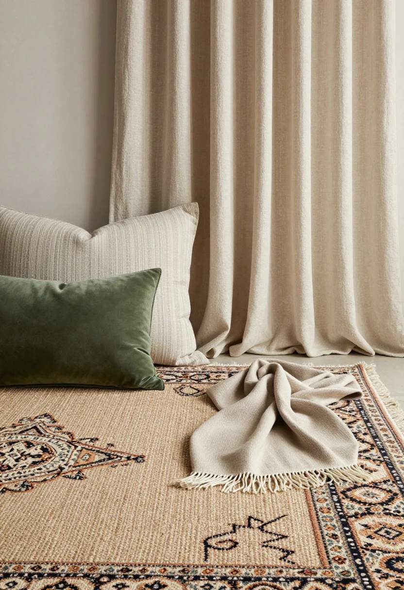 Detail closeup, textile mix with history: layered hand-knotted Persian rug over a thick wool sisal, linen upholstery with a subtle ticking stripe pillow, a moss-green velvet cushion, and a folded cashmere throw with delicate fringe; floor-skimming lined linen curtain softly puddling nearby; focus on textures and patina, warm natural window light highlighting weaves and pile, photorealistic, low angle