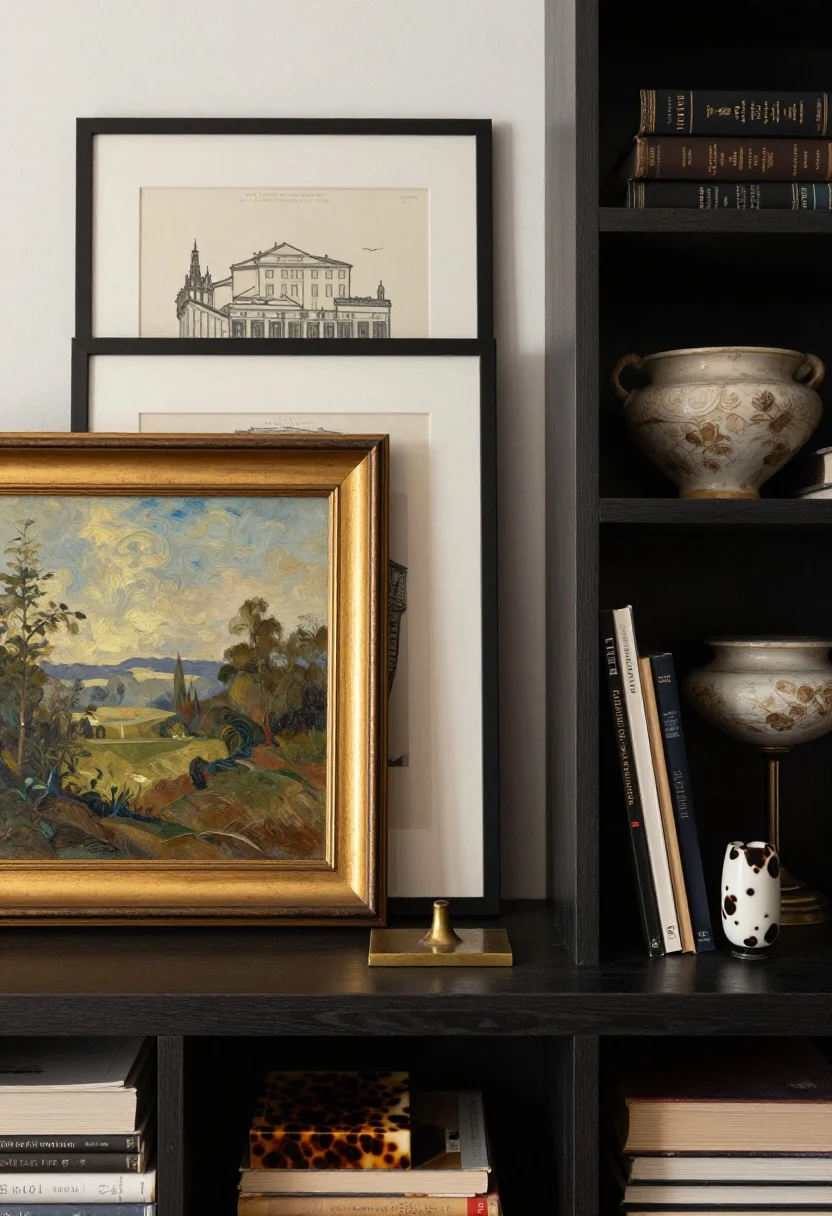 Detail shot, storytelling objects on a mantel and bookcase: mix of art—an oil landscape in a gilt frame layered casually in front of a larger architectural print in black frame; nearby shelves with hardcovers arranged by height, a single aged brass bookend, a tortoiseshell catchall, and a small ceramic urn; sparse, intentional styling, soft side lighting for depth and patina, photorealistic, straight-on close crop