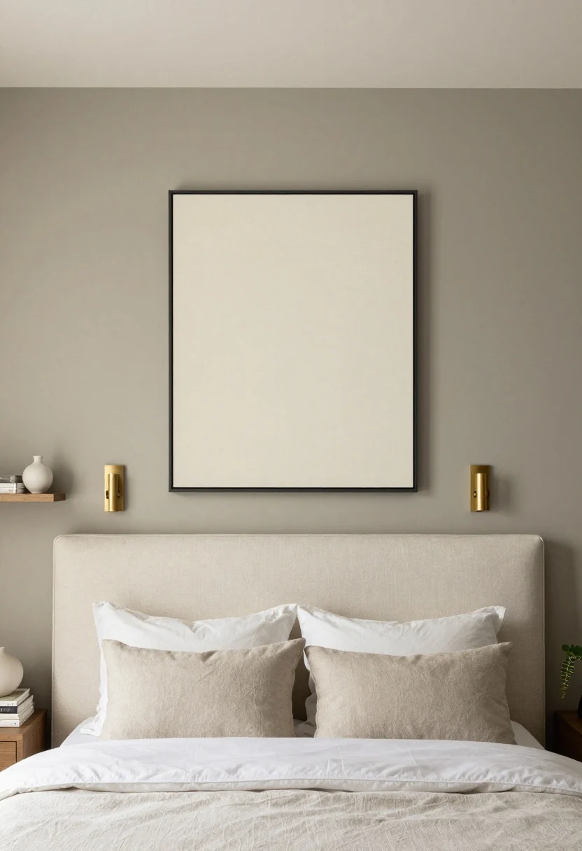 Medium bedroom wall styling: a sage headboard wall with an upholstered ivory linen headboard, one oversized neutral-toned canvas centered above; a pair of warm white (2700–3000K) brushed brass plug-in sconces flanking the art; floating oak shelves to one side styled with stacked books, matte ceramic vases, and a trailing plant; matte black frame on the canvas (not glossy); clean linens and neutral pillows in front; evening lighting with sconces on, cozy and balanced, straight-on composition.