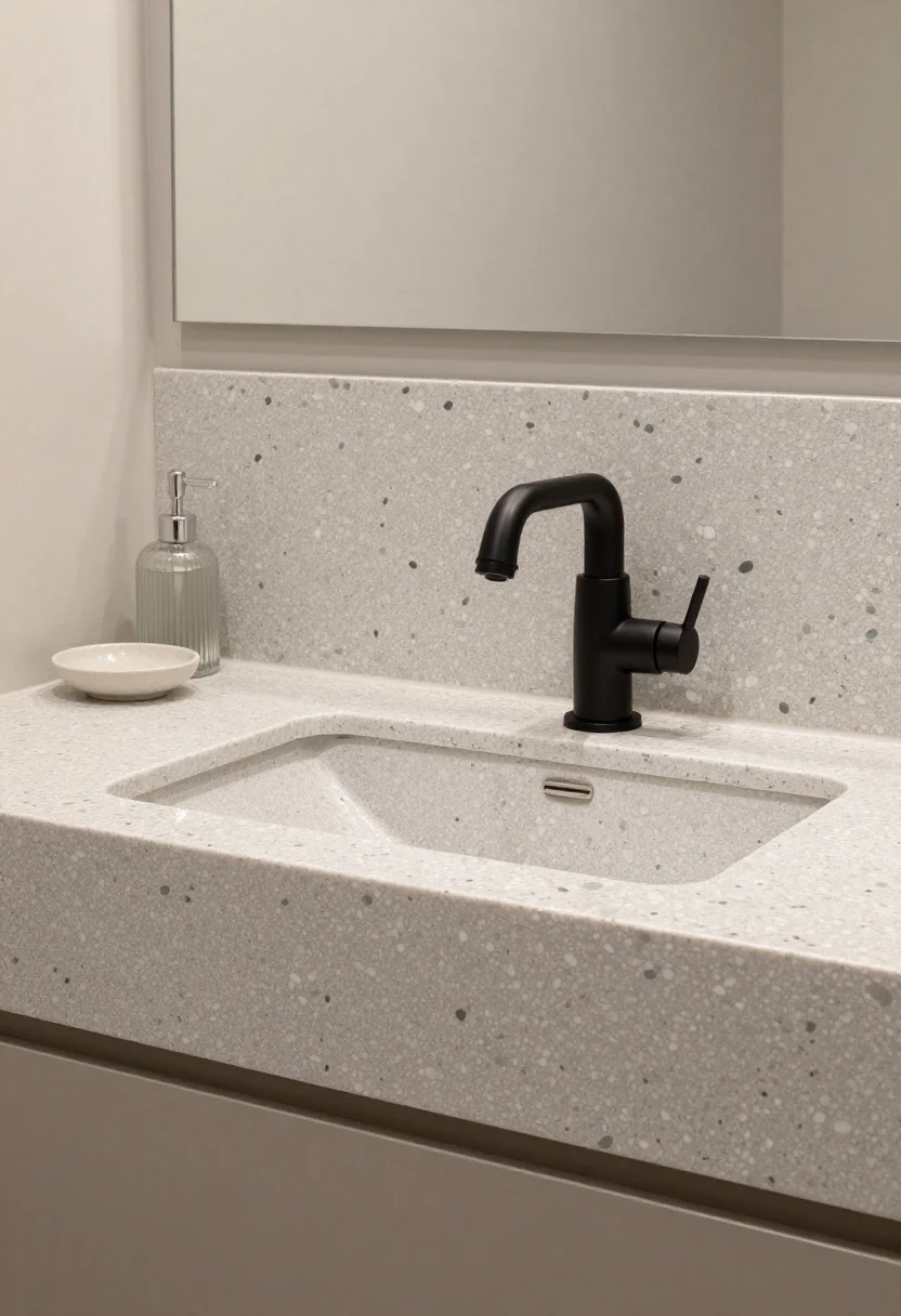 Medium shot: A terrazzo vanity countertop with an undermount sink, polished finish that bounces light in a compact bathroom. Chips in soft gray, white, and muted teal; eased edge profile for a contemporary, chip-resistant look. Matte black single-hole faucet and drain, soft-close flat-front vanity base in warm greige. Subtle reflections on the polished surface; styled minimally with a ribbed glass soap dispenser and a small ceramic dish. Photorealistic, straight-on angle.
