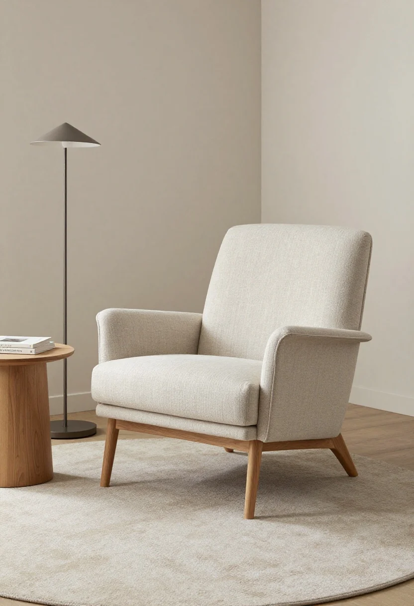 Medium shot, cozy living room corner featuring a slim-profile lounge chair with tight back and seat, slim arms, and open tapered wooden legs; curved, soft silhouette in a light neutral performance linen. Pair it with a petite round side table and a floor lamp with a narrow base; place on a low-pile rug. Straight-on view with soft natural daylight, emphasizing the tailored upholstery, airy leg space under the chair, and the gentle curve that eases traffic flow. No people, photorealistic.